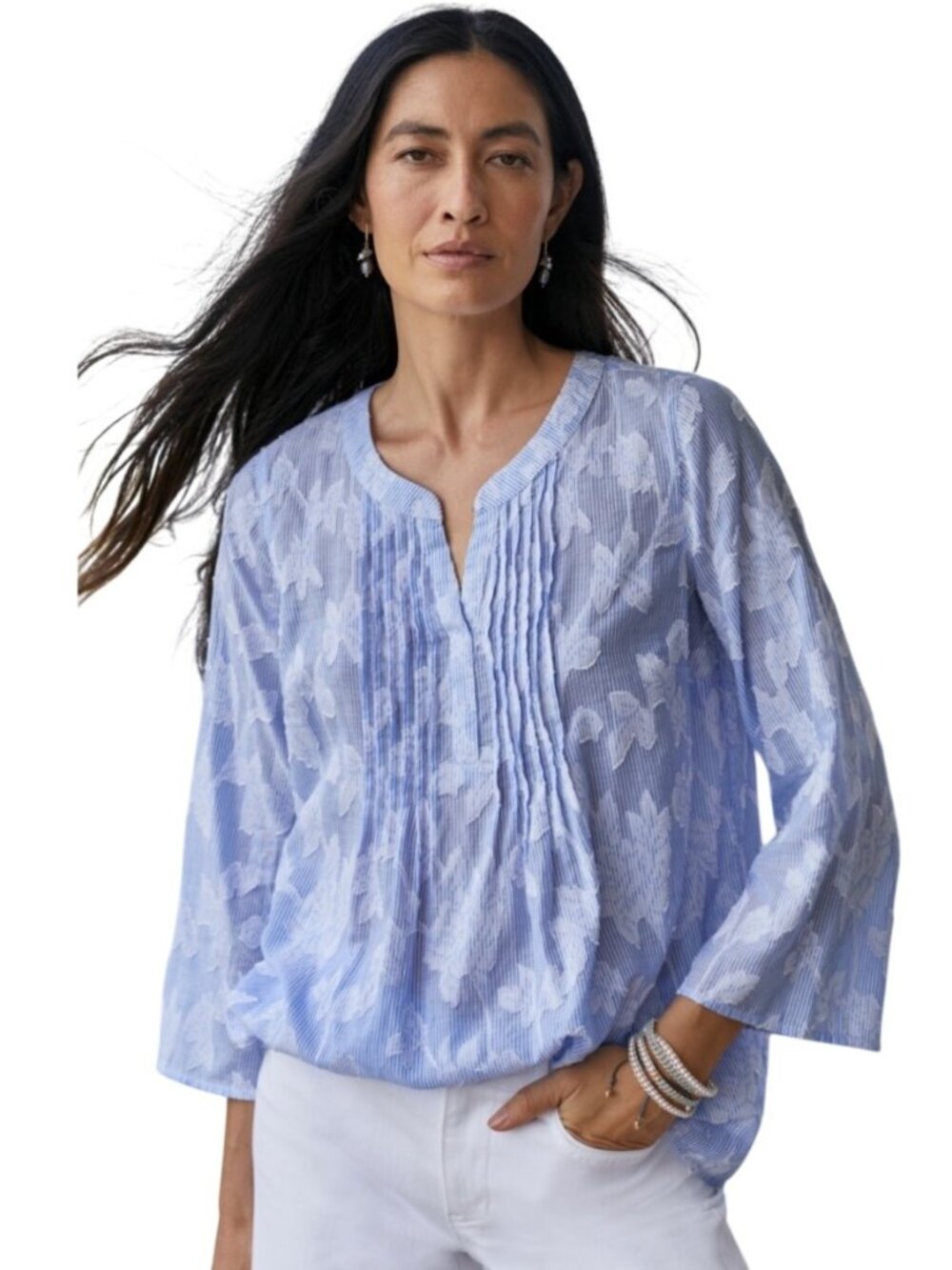 J. Jill Blue & White Clipped Jacquard Striped Floral popover Top Size L 100% Cot